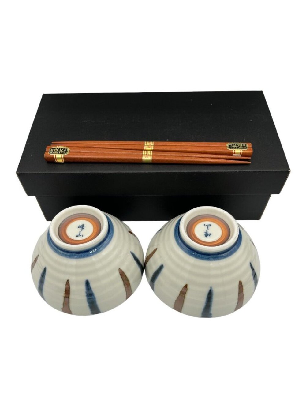 Pair of Japanese Ceramic Rice Soup Noodle Bowls & Chopsticks in Original Box - Picture 7 of 11